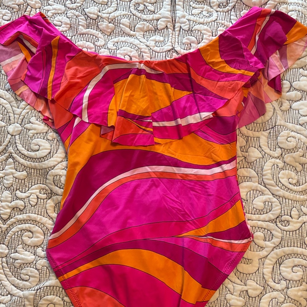 Trina Turk Vibrant Pink and Orange Off-Shoulder Swimsuit size 8.